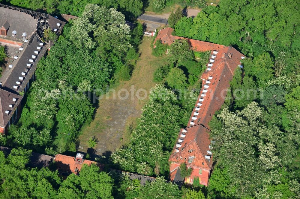 Kirchmöser from the bird's eye view: Ruins of the administration building of the former industrial area in Kirchmoeser in the state Brandenburg