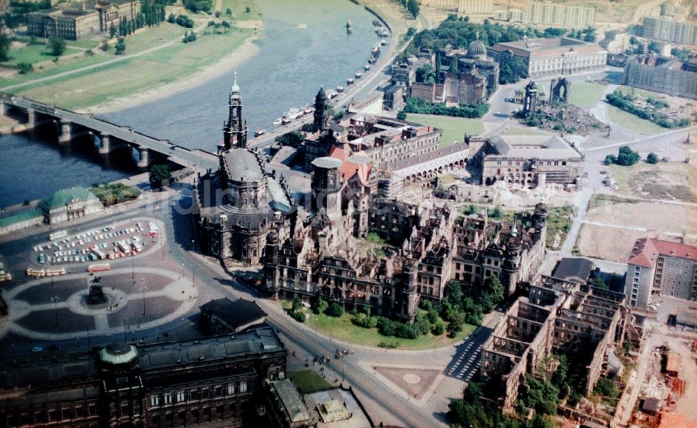 Aerial image Dresden - Ruins on old town on the banks of the Elbe in Dresden in Saxony