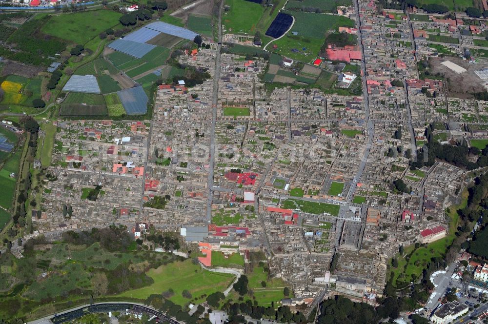 Pompei from the bird's eye view: Ruins of the excavated city of Pompeii in Campania in Italy