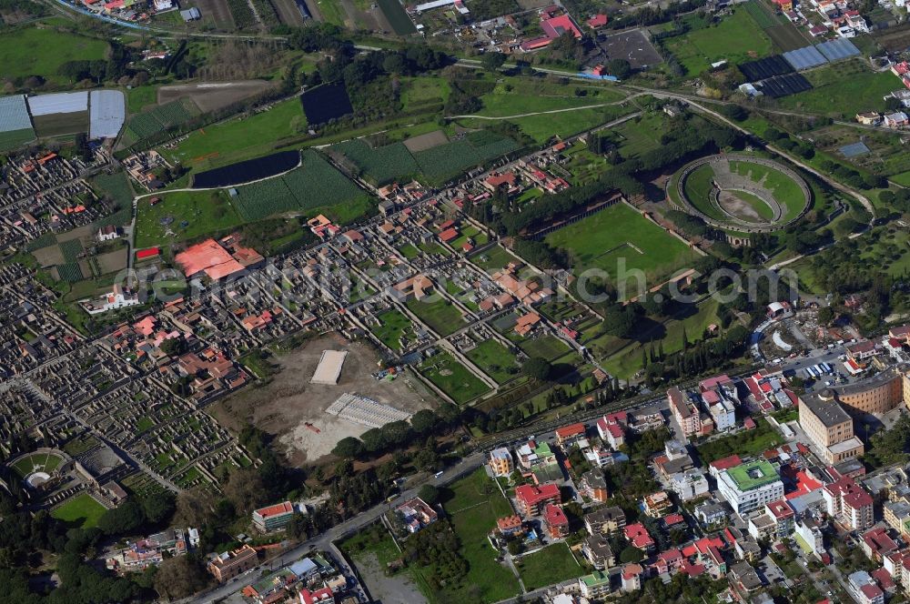 Pompei from the bird's eye view: Ruins of the excavated city of Pompeii in Campania in Italy