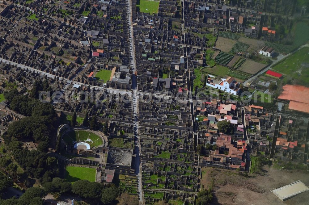 Pompei from the bird's eye view: Ruins of the excavated city of Pompeii in Campania in Italy