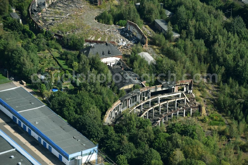 Mylau from above - Remains of Trackage and rail routes on the roundhouse - locomotive hall of the railway operations work in der Friedensstrasse der Deutschen Bahn in Mylau in the state Saxony