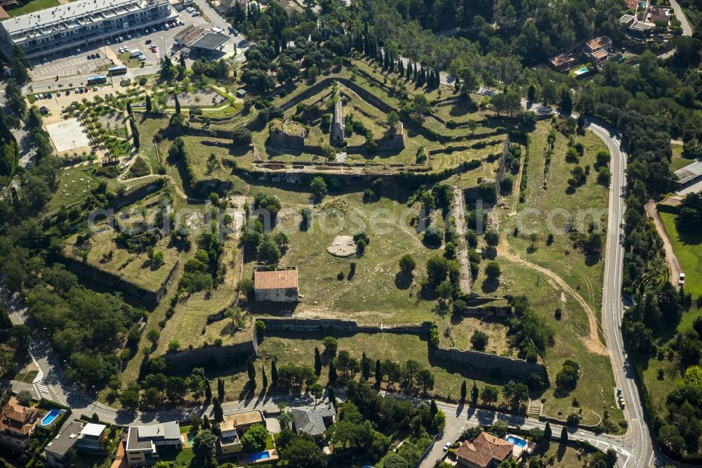 Aerial image Girona - Of ruins remains of the Medieval Fort Montjuic - Fortress Girona in Spain