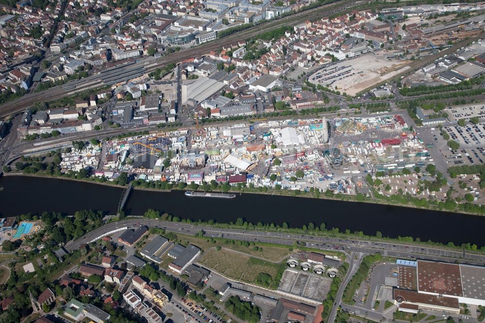 Stuttgart from above - Cannstatter Rummel and fair - festival on the banks of the Neckar flux flow in Stuttgart in Baden-Wuerttemberg