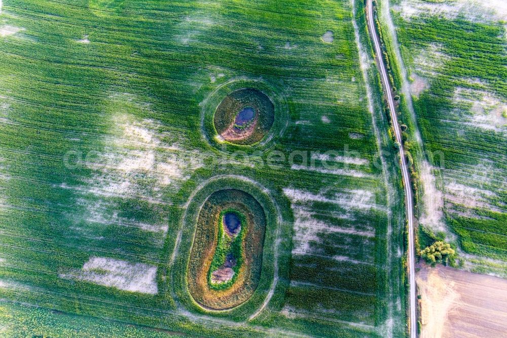 Gerswalde from above - Round structures from glacier remain on a field in Gerswalde in the state Brandenburg, Germany