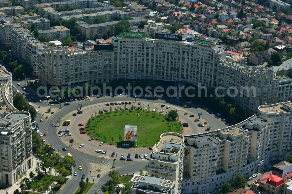 Bukarest from above - View of the Round Square Piata Alba Iulia in the city center of Bucharest in Romania. The embossed in the style of Stalinist-dominated socialist architectural style houses line the streets and were up in the 70s of the previous century as a showpiece of socialist architecture