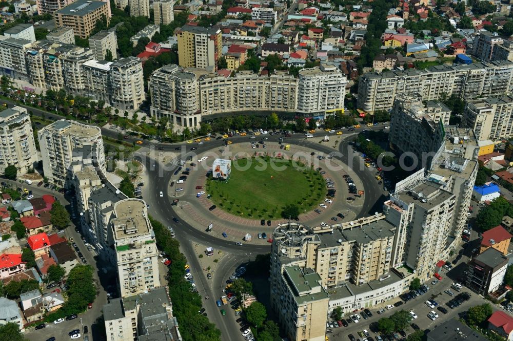 Bukarest from above - View of the Round Square Piata Alba Iulia in the city center of Bucharest in Romania. The embossed in the style of Stalinist-dominated socialist architectural style houses line the streets and were up in the 70s of the previous century as a showpiece of socialist architecture