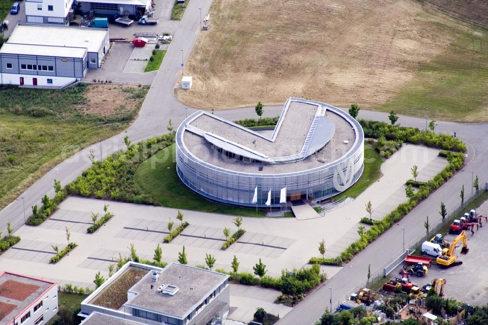 Herrenberg from above - Round building of the training academy of the insurance company Berufsbildungszentrum Deutsche Vermoegensberatung AG in the district Gueltstein in Herrenberg in the state Baden-Wuerttemberg