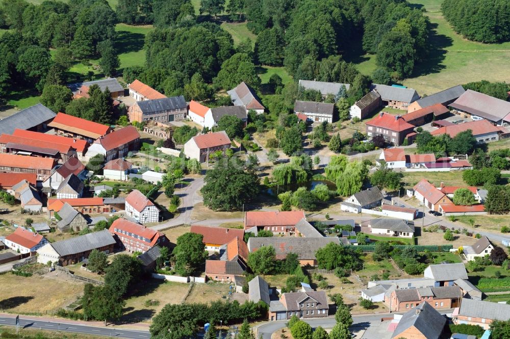 Aerial image Cheinitz - Village view with radiating round - shaped farmsteads and residential buildings in the center of the village in Cheinitz in the state Saxony-Anhalt, Germany