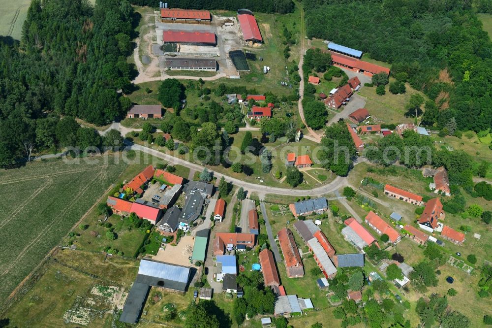 Kreuzburg from the bird's eye view: Village view with radiating round - shaped farmsteads and residential buildings in the center of the village in Kreuzburg in the state Brandenburg, Germany