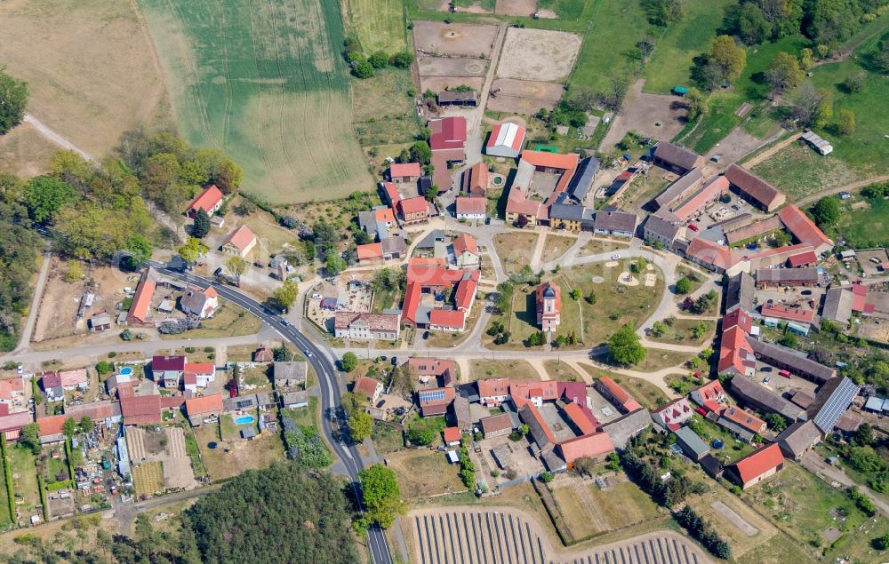 Reesdorf from the bird's eye view: Village view with radiating round - shaped farmsteads and residential buildings in the center of the village in Reesdorf in the state Brandenburg, Germany