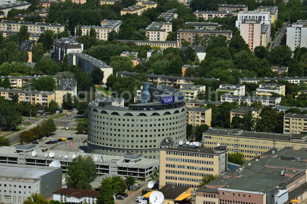 Warschau Mokotow from above - New round of television and radio building TVP Polish Television SA at ul Jana Pawla Woronicza in Warsaw in Poland