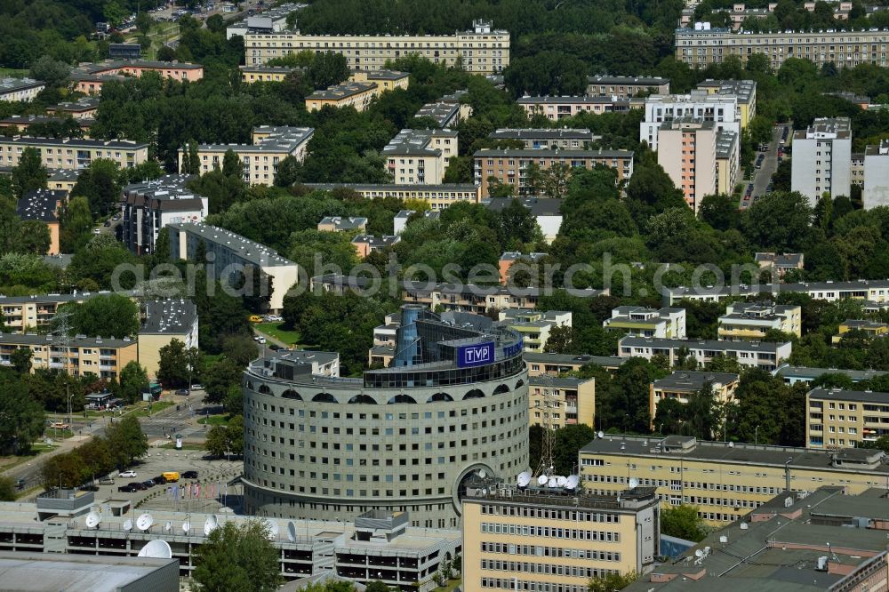 Aerial photograph Warschau Mokotow - New round of television and radio building TVP Polish Television SA at ul Jana Pawla Woronicza in Warsaw in Poland