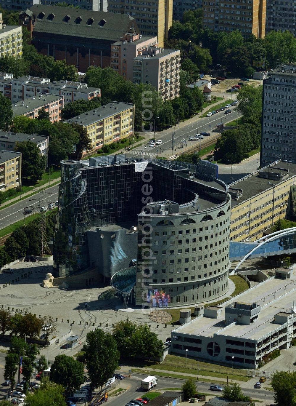 Aerial image Warschau Mokotow - New round of television and radio building TVP Polish Television SA at ul Jana Pawla Woronicza in Warsaw in Poland