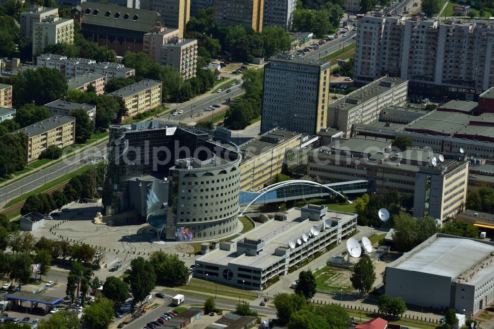 Aerial photograph Warschau Mokotow - New round of television and radio building TVP Polish Television SA at ul Jana Pawla Woronicza in Warsaw in Poland