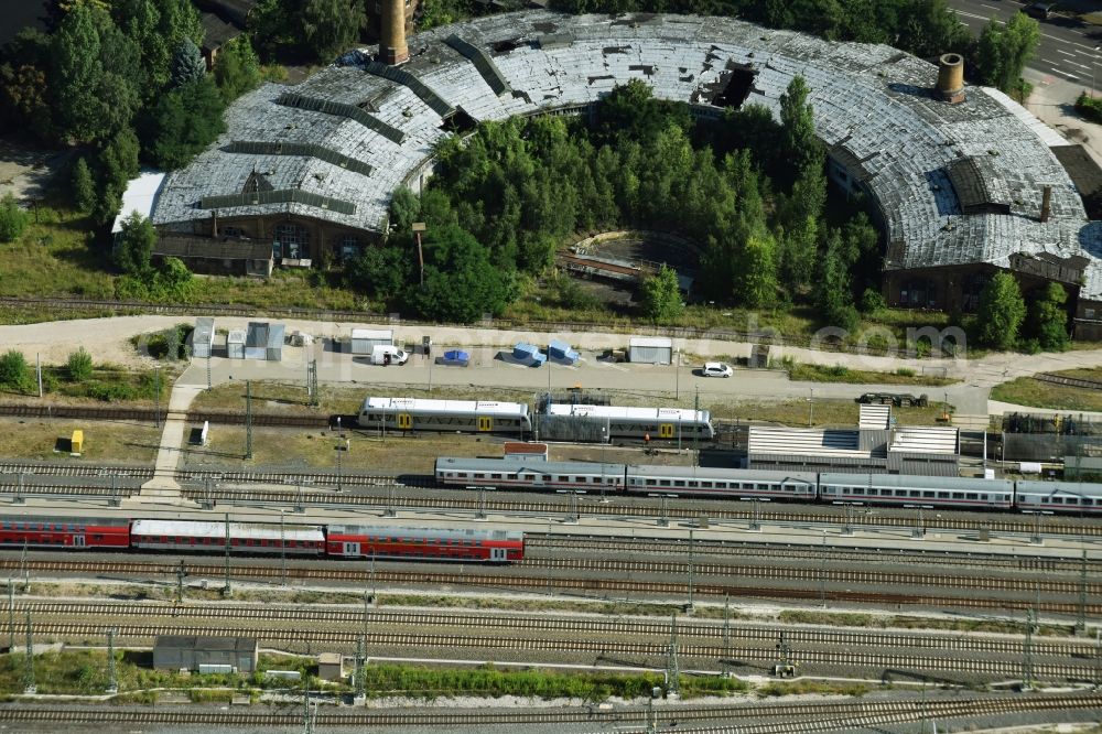 Leipzig from above - Trackage and rail routes on the roundhouse ruins - locomotive hall of the railway operations work in Leipzig in the state Saxony