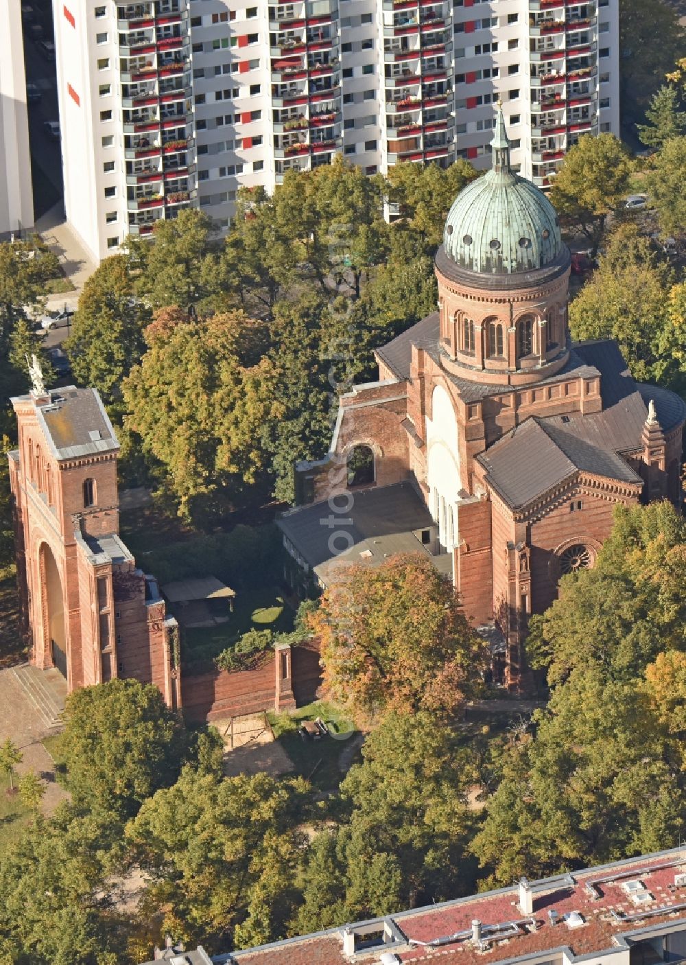 Berlin from above - Ruins of church building Michaelkirche in Berlin in Germany