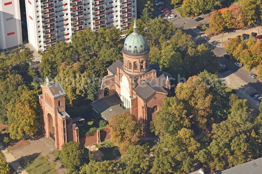 Berlin from the bird's eye view: Ruins of church building Michaelkirche in Berlin in Germany