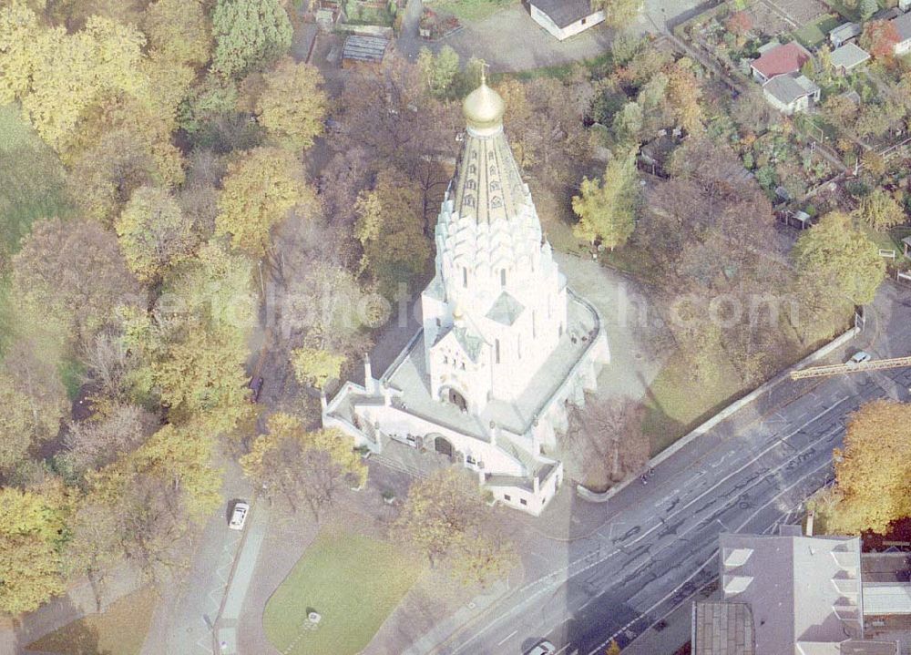 Aerial image Leipzig - Russisch-orthodoxe Kirche am alten Messegelände in Leipzig.