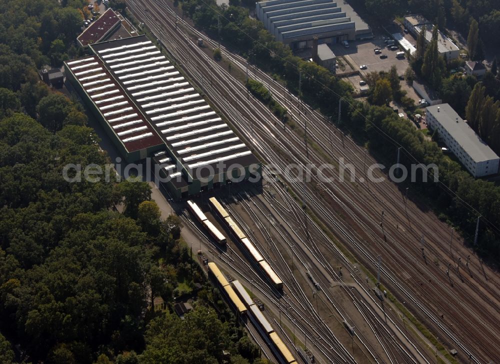 Berlin from the bird's eye view: Railway depot and repair shop for maintenance and repair of trains of passenger transport S-Bahn Betriebswerkstatt Gruenau in Berlin, Germany