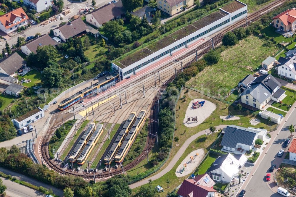 Aerial photograph Linkenheim-Hochstetten - Final TRAM Station in Hochstetten the Public Transportation in the district Hochstetten in Linkenheim-Hochstetten in the state Baden-Wuerttemberg, Germany