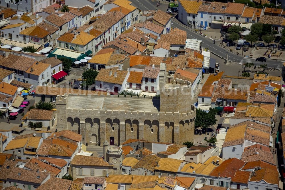 Saintes-Maries-de-la-Mer from above - Religious building - church building in the Paroisse Saintes Maries de la Mer in Saintes-Maries-de-la-Mer in France