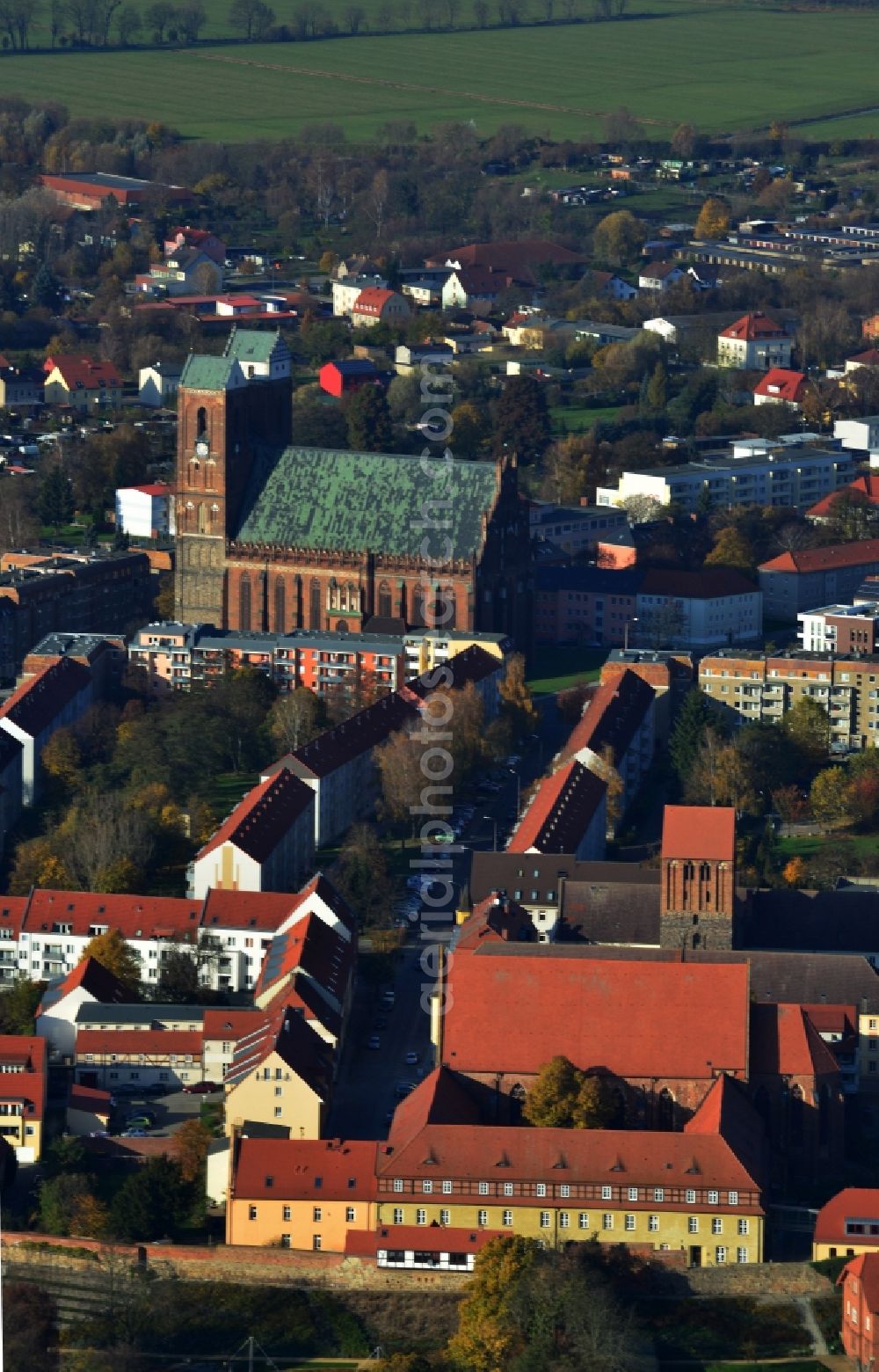 Aerial image Prenzlau - View of sacral buildings in Prenzlau in the state Brandenburg