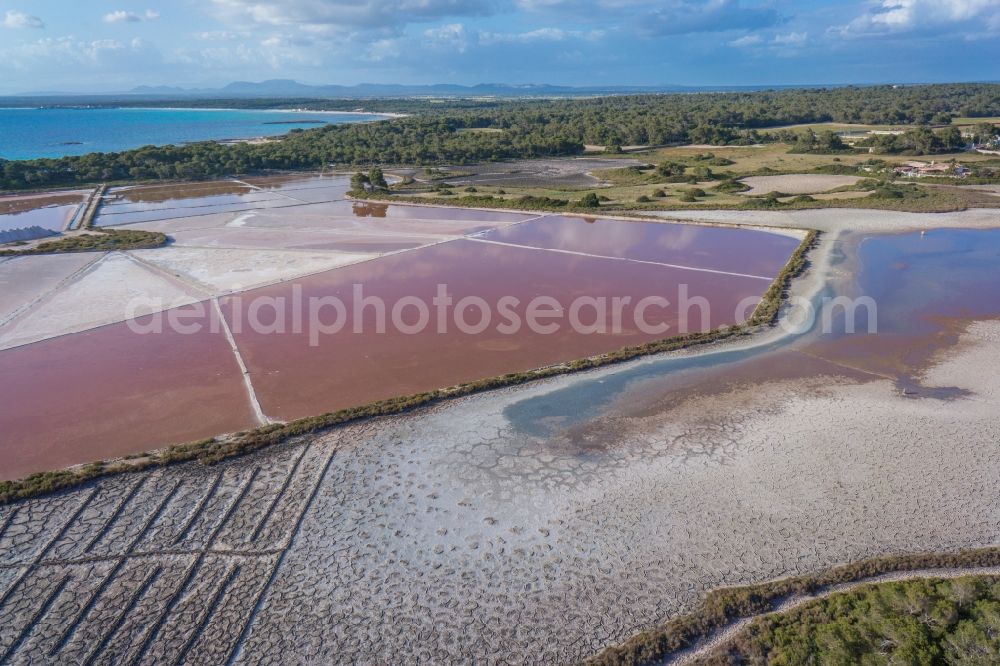 Ses Salines from the bird's eye view: Salt - saltworks in the production of Ses Salines on the Mediterranean coast of the Spanish Balearic island of Mallorca in Spain