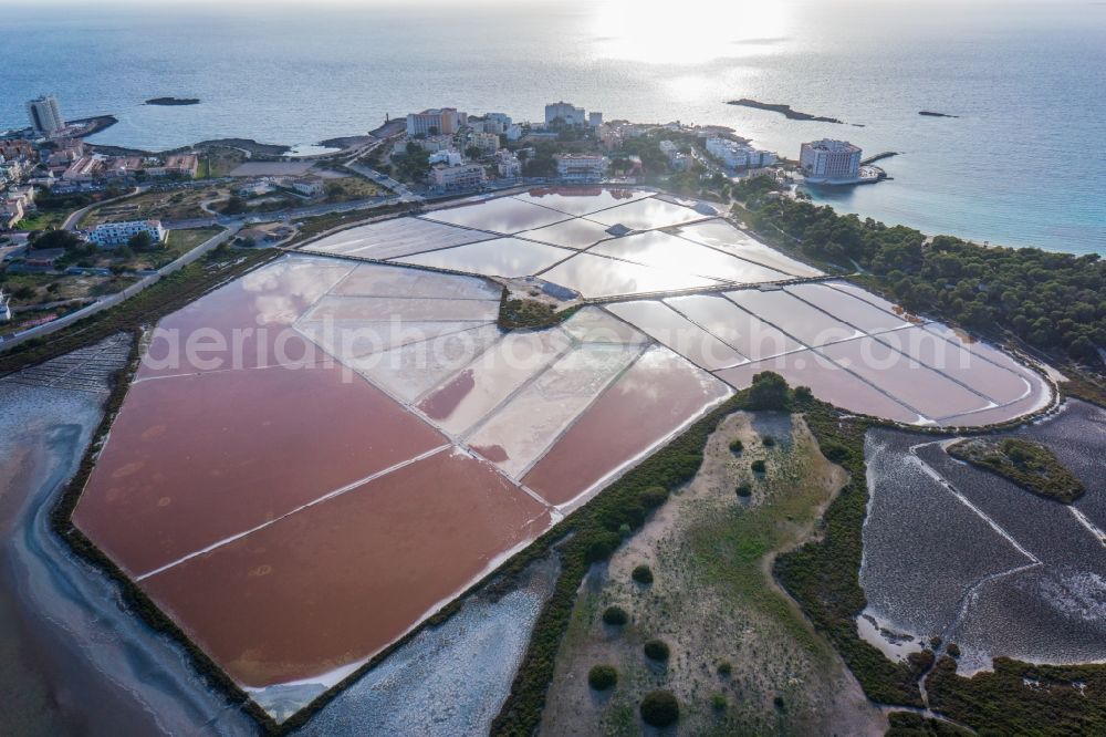 Aerial image Ses Salines - Salt - saltworks in the production of Ses Salines on the Mediterranean coast of the Spanish Balearic island of Mallorca in Spain