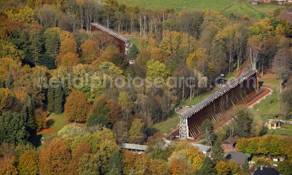 Erwitte from the bird's eye view: Salt flats - building of a former graduation house for salt extraction Gradierwerke Bad Westernkotten on Weringhauser Strasse in the district Bad Westernkotten in Erwitte in the state North Rhine-Westphalia, Germany