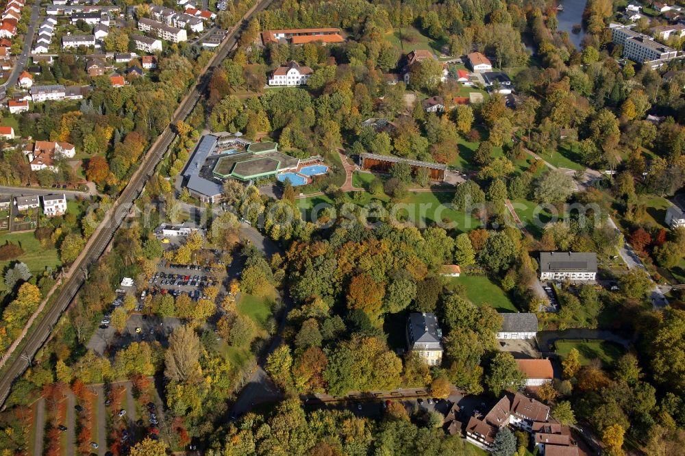 Erwitte from above - Salt flats - building of a former graduation house for salt extraction Gradierwerke Bad Westernkotten on Weringhauser Strasse in the district Bad Westernkotten in Erwitte in the state North Rhine-Westphalia, Germany