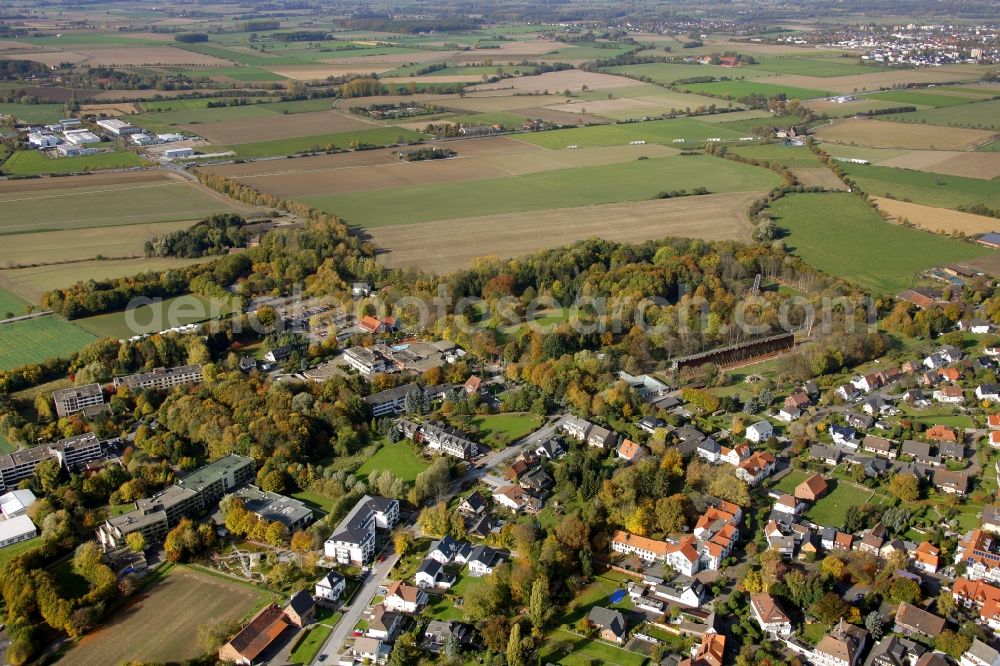 Erwitte from the bird's eye view: Salt flats - building of a former graduation house for salt extraction Gradierwerke Bad Westernkotten on Weringhauser Strasse in the district Bad Westernkotten in Erwitte in the state North Rhine-Westphalia, Germany