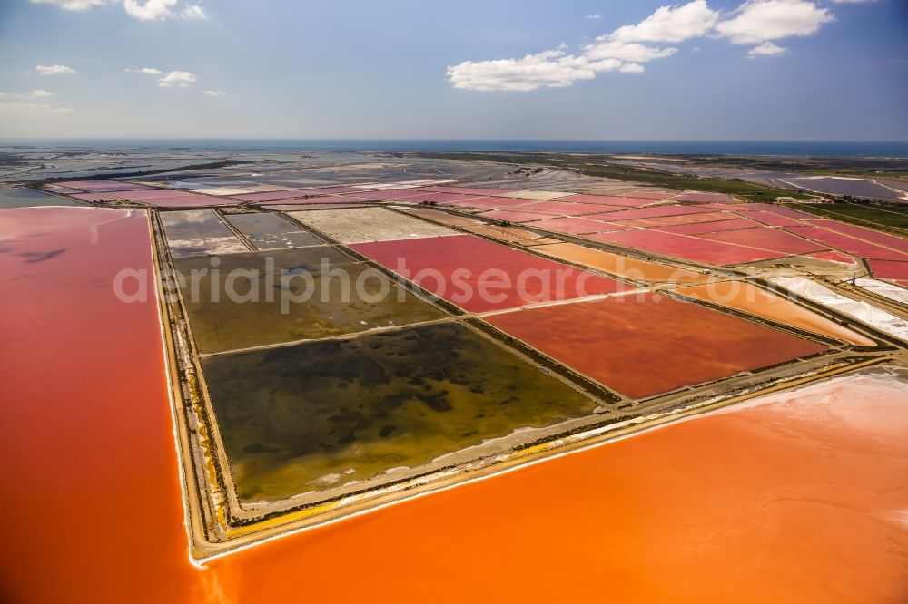 Aigues-Mortes from above - Red - Organge Salinen- landscape for sea salt production in Aigues-Mortes in the province of Languedoc-Roussillon in France