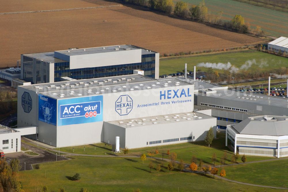 Barleben from the bird's eye view: Blick auf das Areal der Salutas Pharma GmbH in Barleben mit dem zugehörigen Unternehmen Hexal. Salutas entwickelt, fertigt, lagert und versendet hochwertige Pharmazeutika in einem der modernsten Pharmaproduktions- und Logistikzentren Europas. Das 1995 nach Investitionen von umgerechnet rund 170 Millionen Euro in Vollbetrieb genommene Werk ist mit derzeit 1.400 Mitarbeiter(innen) und Arbeitgebern ein bedeutender Wirtschaftsfaktor für das Land Sachsen-Anhalt. Kontakt: SALUTAS Pharma GmbH, Otto-von-Guericke Allee 1, 39179 Barl???????????????????????????????????????????