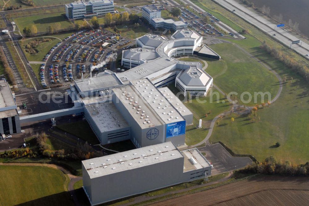 Aerial image Barleben - Blick auf das Areal der Salutas Pharma GmbH in Barleben. Salutas entwickelt, fertigt, lagert und versendet hochwertige Pharmazeutika in einem der modernsten Pharmaproduktions- und Logistikzentren Europas. Das 1995 nach Investitionen von umgerechnet rund 170 Millionen Euro in Vollbetrieb genommene Werk ist mit derzeit 1.400 Mitarbeiter(innen) und Arbeitgebern ein bedeutender Wirtschaftsfaktor für das Land Sachsen-Anhalt. Kontakt: SALUTAS Pharma GmbH, Otto-von-Guericke Allee 1, 39179 Barleben, Tel.: 039203 / 71 - 0,