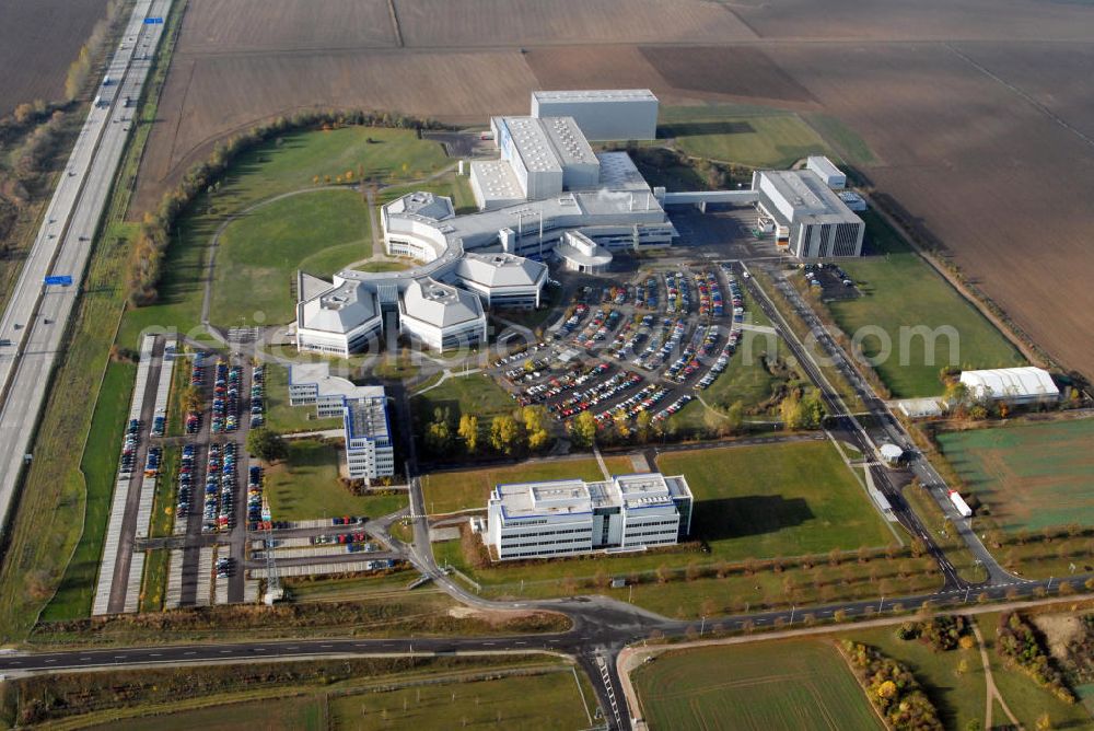 Aerial photograph Barleben - Blick auf das Areal der Salutas Pharma GmbH in Barleben. Salutas entwickelt, fertigt, lagert und versendet hochwertige Pharmazeutika in einem der modernsten Pharmaproduktions- und Logistikzentren Europas. Das 1995 nach Investitionen von umgerechnet rund 170 Millionen Euro in Vollbetrieb genommene Werk ist mit derzeit 1.400 Mitarbeiter(innen) und Arbeitgebern ein bedeutender Wirtschaftsfaktor für das Land Sachsen-Anhalt. Kontakt: SALUTAS Pharma GmbH, Otto-von-Guericke Allee 1, 39179 Barleben, Tel.: 039203 / 71 - 0,