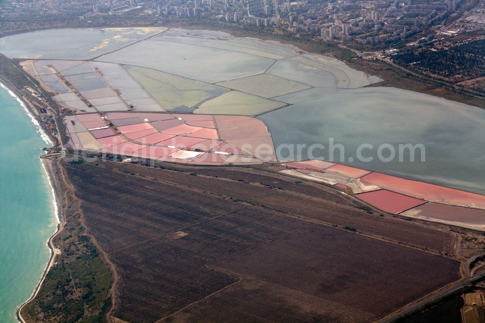 Aerial photograph Burgas - Salt fields near Burgas at the Black Sea in the county / Oblast Burgas in Bulgaria / Bulgaria. Burgas is the only Bulgarian region, where salt is obtained from sea water