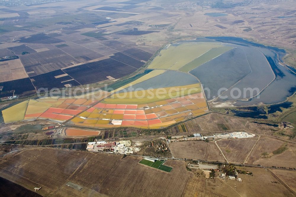 Aerial image Burgas - Salt fields near Burgas at the Black Sea in the county / Oblast Burgas in Bulgaria / Bulgaria. Burgas is the only Bulgarian region, where salt is obtained from sea water