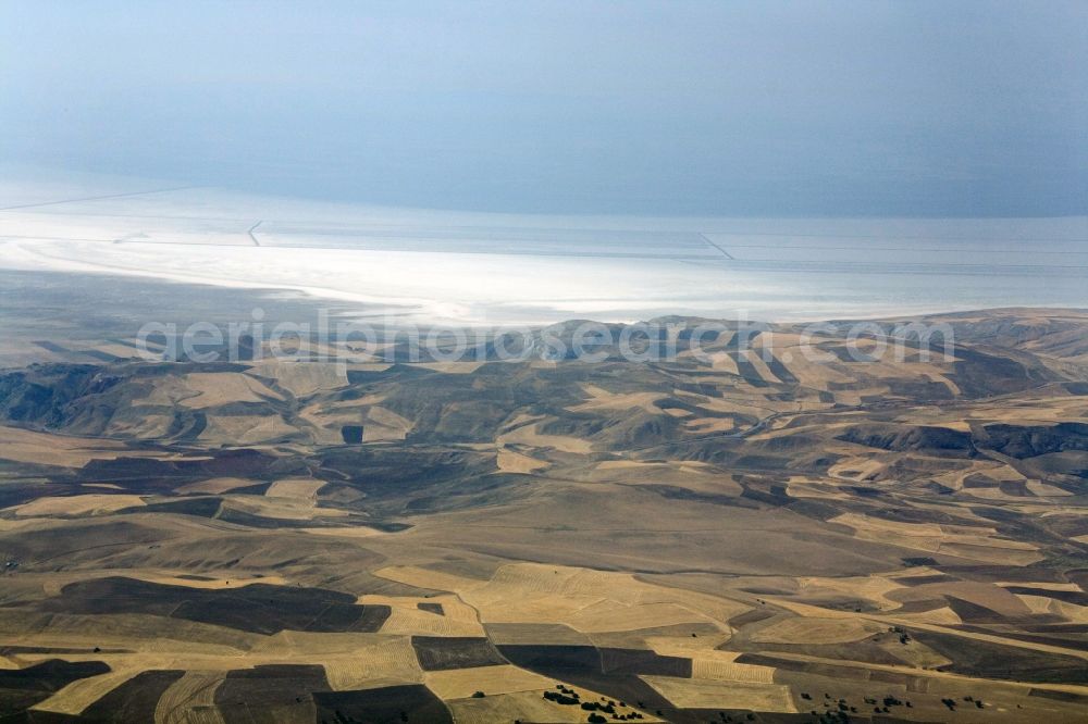 Aerial photograph Sereflikochisar - View of the Salt Lake / Tuz Gölü near Sereflikochisar in the province / Il Ankara in Turkey / Türkiye. Seen in the picture is one of three at the salt lake located salt factories, where 70 percent of the salt consumed in Turkey is produced