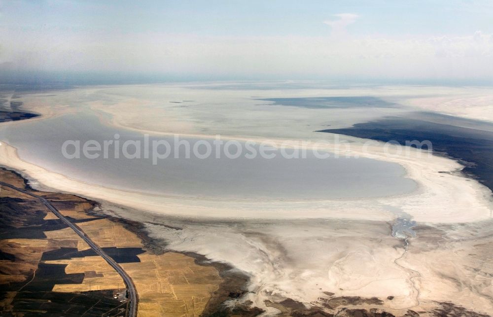 Aerial image Sereflikochisar - View of the Salt Lake / Tuz Gölü near Sereflikochisar in the province / Il Ankara in Turkey / Türkiye. In the three at the salt lake located salt factories 70 percent of the salt consumed in Turkey is produced