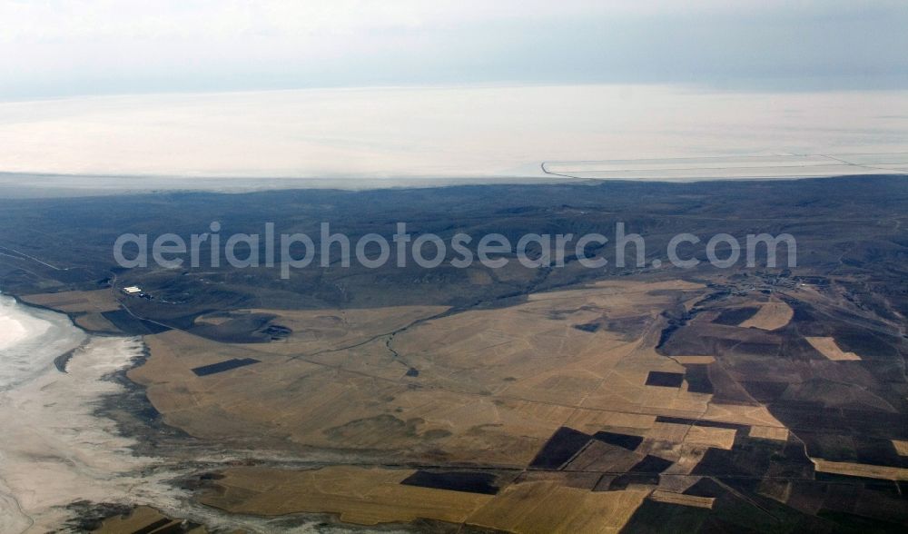 Aerial photograph Sereflikochisar - View of the Salt Lake / Tuz Gölü near Sereflikochisar in the province / Il Ankara in Turkey / Türkiye. Seen in the picture is one of three at the salt lake located salt factories, where 70 percent of the salt consumed in Turkey is produced