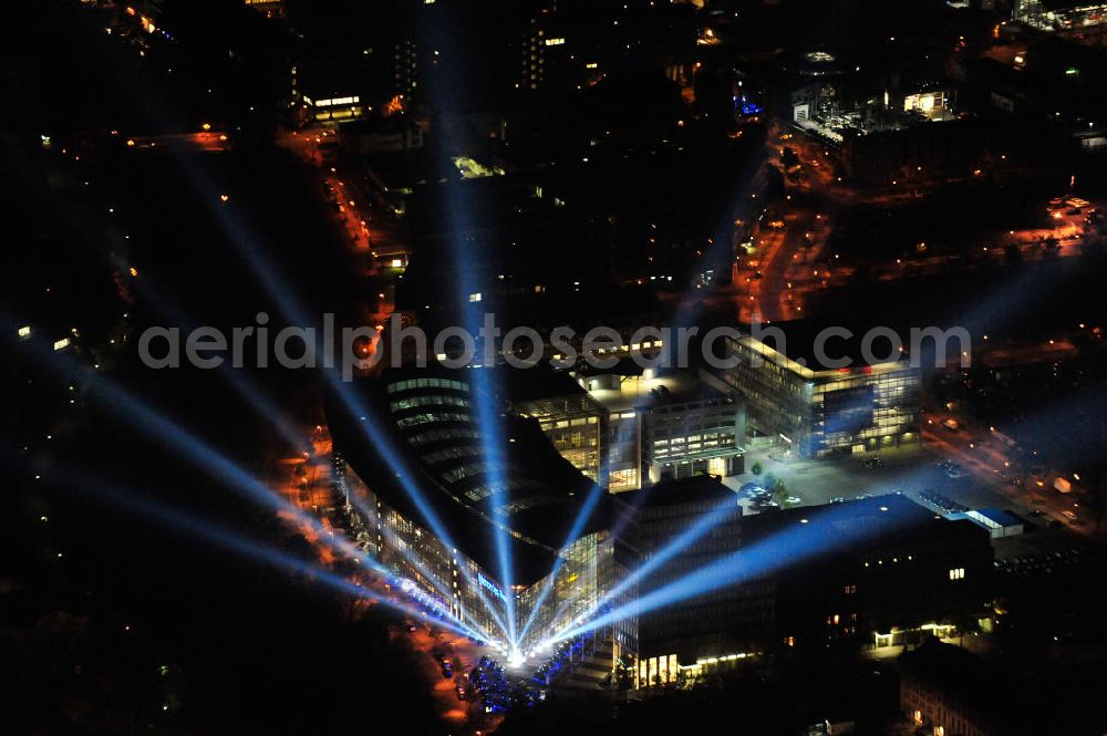 Aerial image Berlin - Nachtaufnahme: Mercedes Welt am Salzufer in Berlin Charlottenburg mit Beleuchtung anläßlich des Festival of Lights. Night Shot: Mercedes World at the Salzufer street in Berlin with illumination during the Festival of Lights.