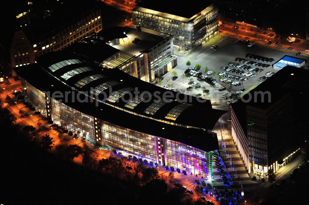 Aerial image Berlin - Nachtaufnahme: Mercedes Welt am Salzufer in Berlin Charlottenburg mit Beleuchtung anläßlich des Festival of Lights. Night Shot: Mercedes World at the Salzufer street in Berlin with illumination during the Festival of Lights.