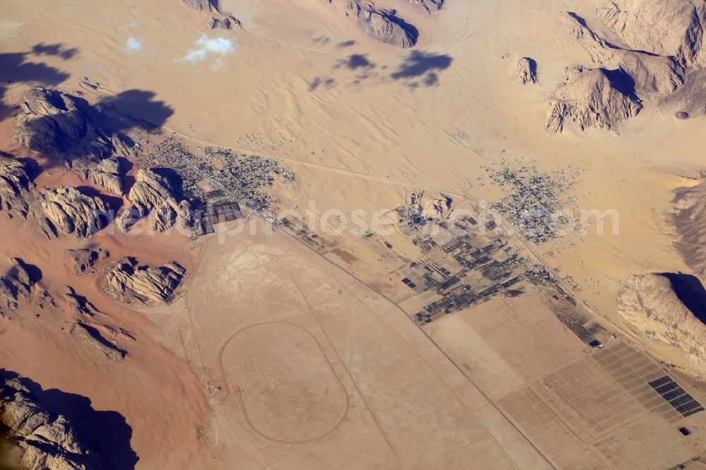 Aerial image Disah - Sand, desert, dunes and rocky landscape in the Arab Desert at Disha and AT-Tuweisa in Aqaba Governorate, Jordan