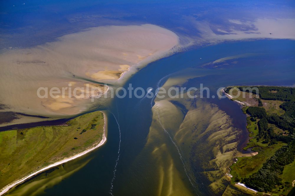 Klausdorf from above - Sandbank- land area by flow under the sea water surface of Baltic Sea on street Boddenweg in Klausdorf in the state Mecklenburg - Western Pomerania, Germany