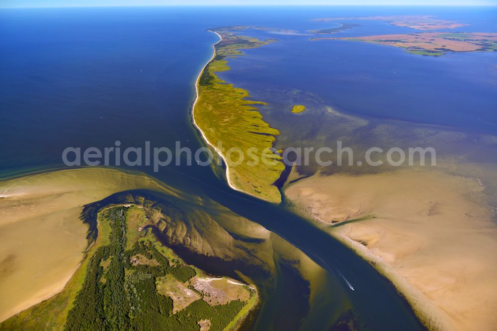 Aerial image Klausdorf - Sandbank- land area by flow under the sea water surface of Baltic Sea on street Boddenweg in Klausdorf in the state Mecklenburg - Western Pomerania, Germany