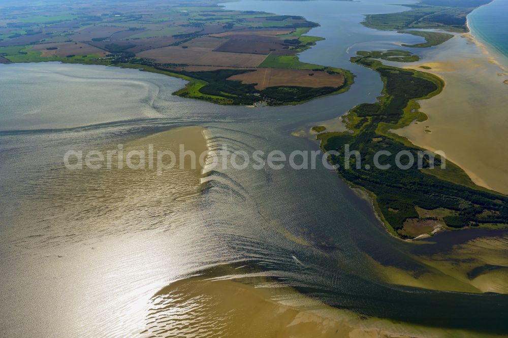 Klausdorf from the bird's eye view: Sandbank- land area by flow under the sea water surface of Baltic Sea on street Boddenweg in Klausdorf in the state Mecklenburg - Western Pomerania, Germany