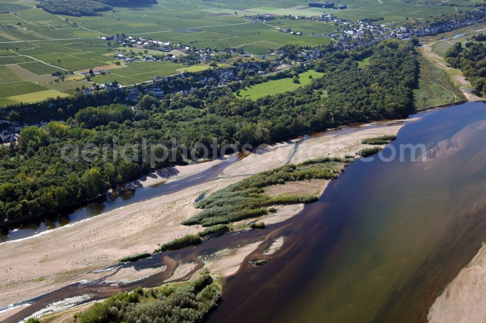 Aerial image Souzay Champigny - Sandbank- land area by flow under the river water surface in the Loire near Souzay Champigny in Pays de la Loire, France