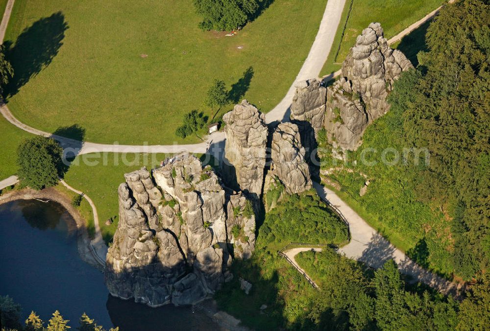 Aerial image Horn-Bad Meinberg - Blick auf die Sandstein- Felsformation Externsteine im Teutoburger Wald in Nordrhein-Westfalen.Die Felsen sind einer der herausragende Natursehenswürdigkeit Deutschlands. Sandstone rock formation Externsteine in the Teutoburg Forest in North Rhine-Westphalia.