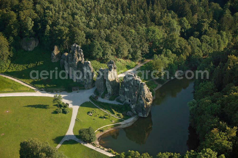 Aerial image Horn-Bad Meinberg - Blick auf die Sandstein- Felsformation Externsteine im Teutoburger Wald in Nordrhein-Westfalen.Die Felsen sind einer der herausragende Natursehenswürdigkeit Deutschlands. Sandstone rock formation Externsteine in the Teutoburg Forest in North Rhine-Westphalia.